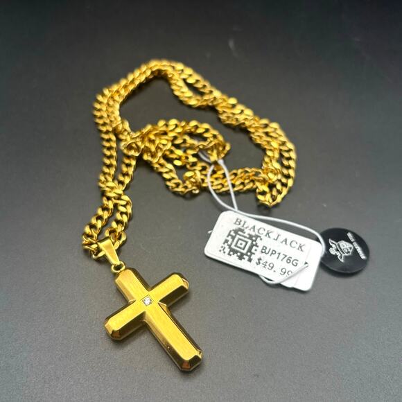 Blackjack BJP176G Mens Gold Stainless Steel Cross Pendant Necklace With CZ NIBWT - Picture 11 of 17